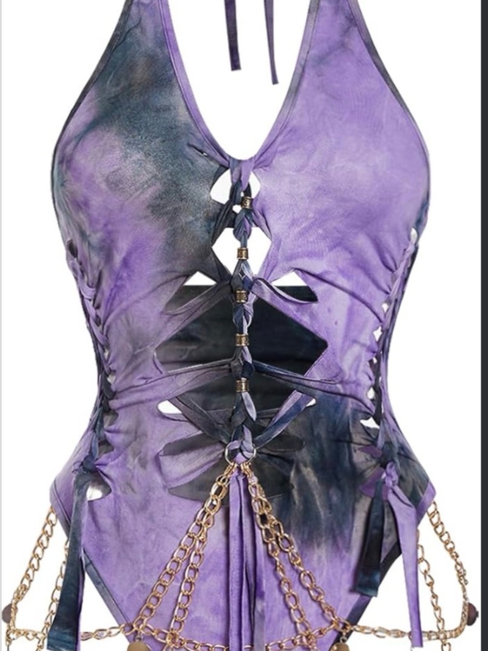 Purple Tie-Dye Lace-Up Halter Top with Gold Chain Detail